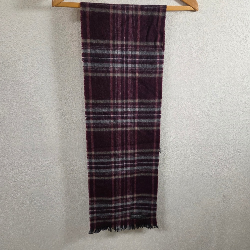 Merino Wool Plaid Scarf Burgundy Grey Woven in Great Britain 48x10